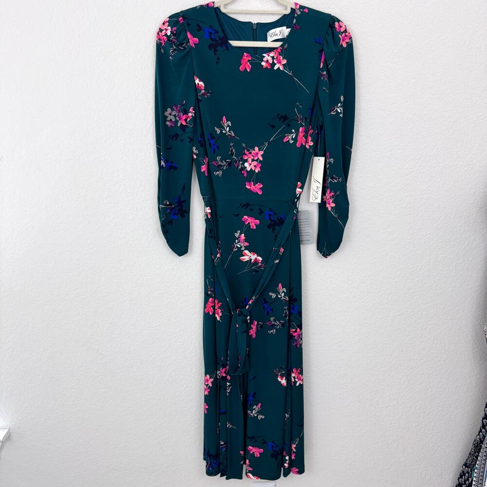 Eliza J Womens Midi Dress Size 8 Floral Wedding Guest Office Party Belted Green